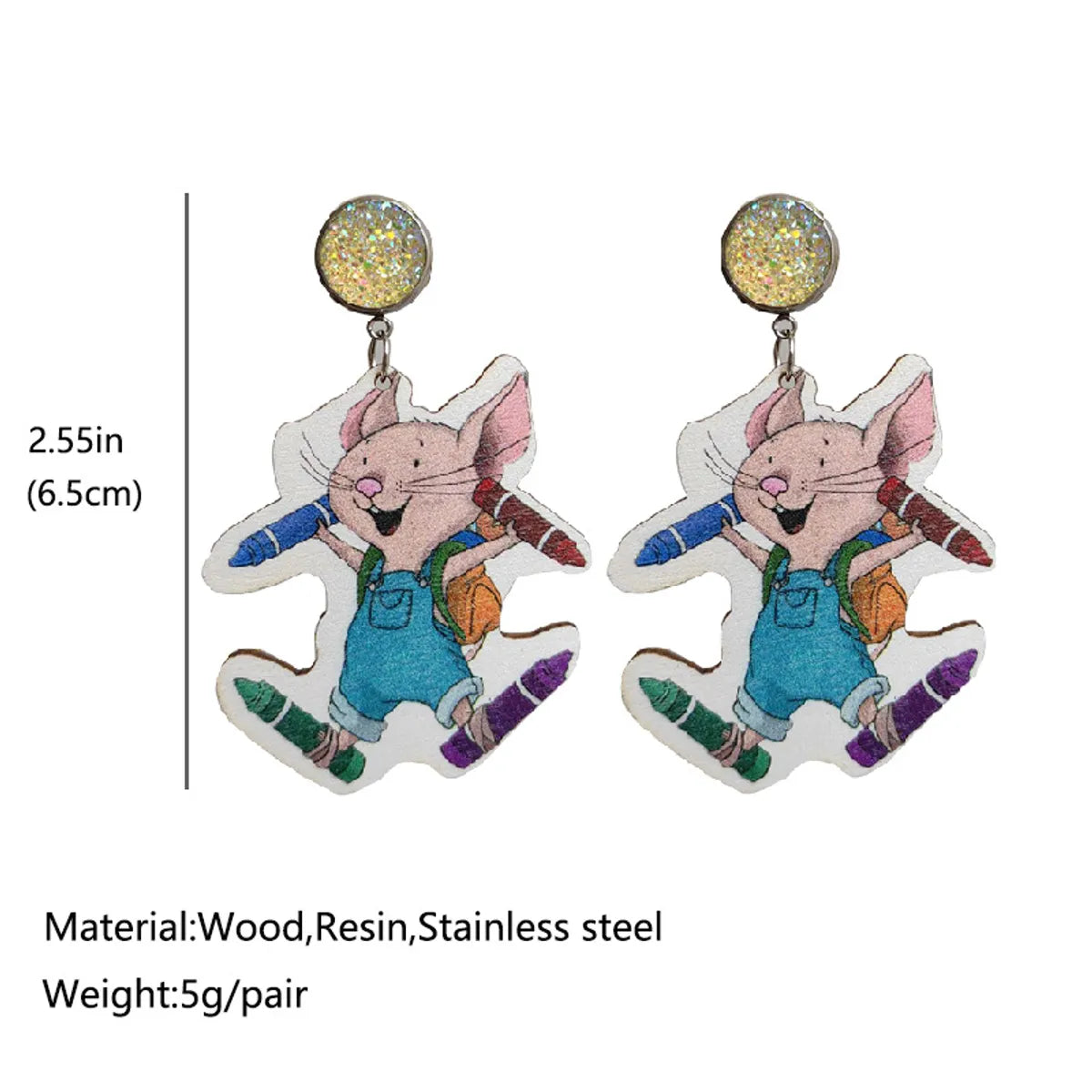 1 Pair Cute Cup Mouse Pencil Stainless Steel Wood Resin Drop Earrings