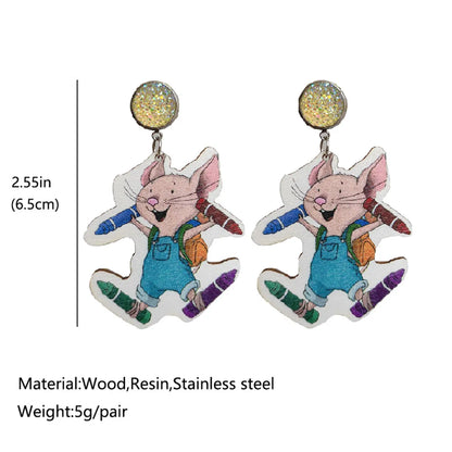 1 Pair Cute Cup Mouse Pencil Stainless Steel Wood Resin Drop Earrings