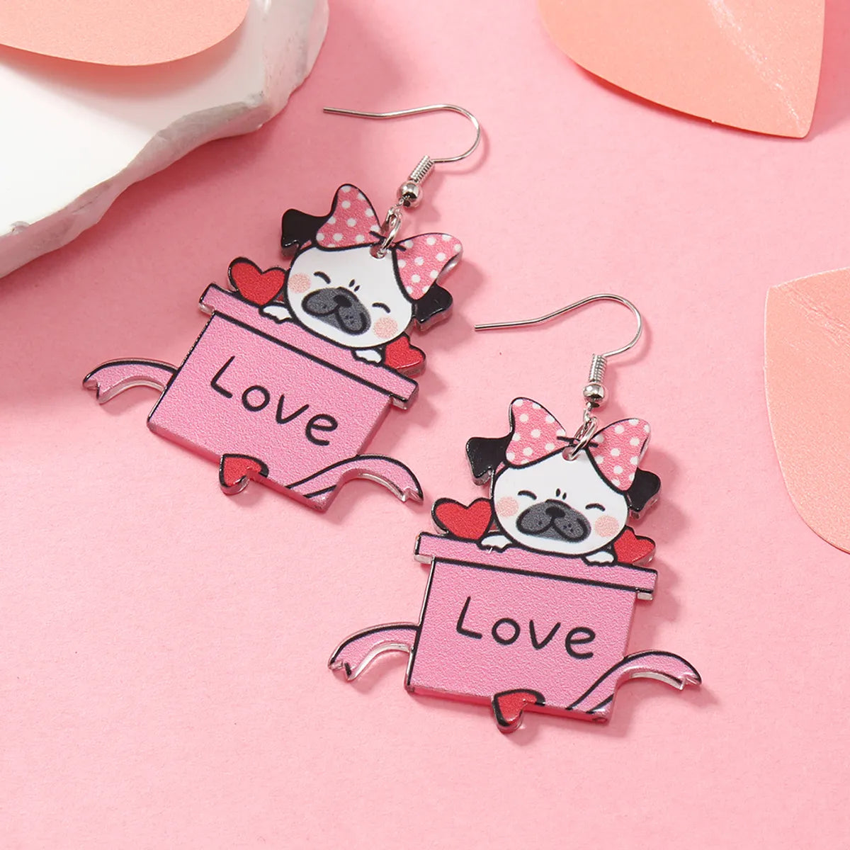 1 Pair Cute Dog Heart Shape Cat Arylic Silver Plated