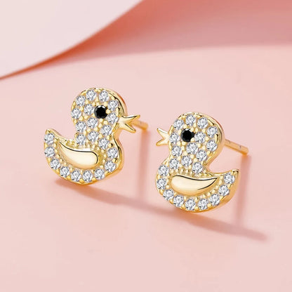 1 Pair Cute Duck Plating Inlay Sterling Silver Zircon Ear Studs