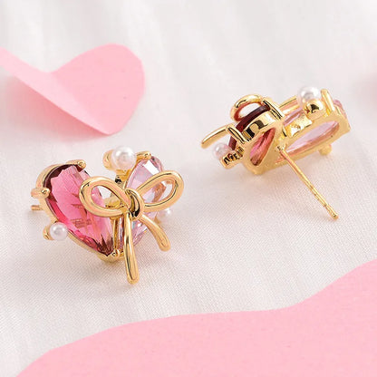 1 Pair Cute Fashion Sweet Heart Shape Bow Knot Plating Inlay Copper Zircon 14k Gold Plated Ear Studs