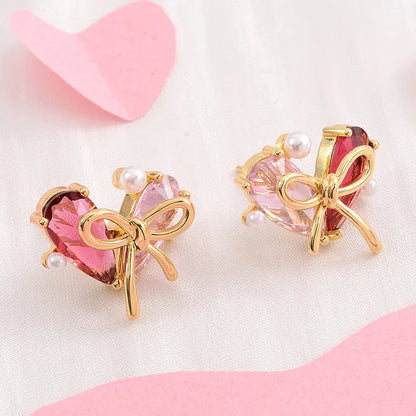 1 Pair Cute Fashion Sweet Heart Shape Bow Knot Plating Inlay Copper Zircon 14k Gold Plated Ear Studs