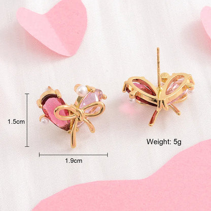 1 Pair Cute Fashion Sweet Heart Shape Bow Knot Plating Inlay Copper Zircon 14k Gold Plated Ear Studs