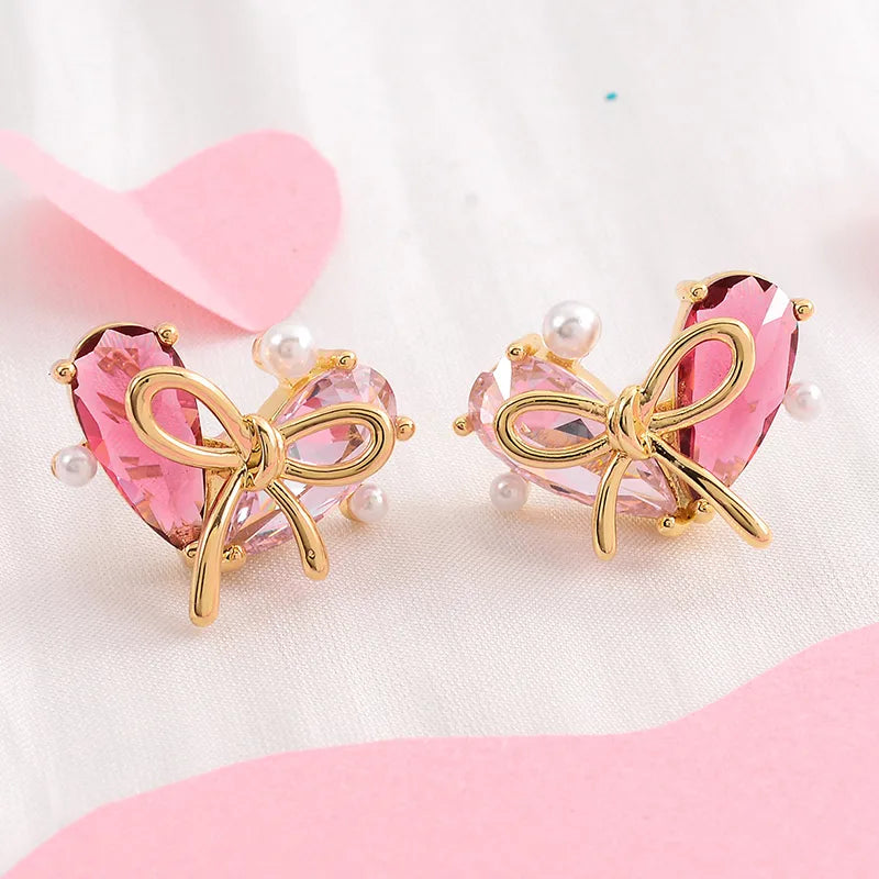 1 Pair Cute Fashion Sweet Heart Shape Bow Knot Plating Inlay Copper Zircon 14k Gold Plated Ear Studs