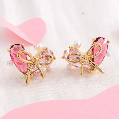 1 Pair Cute Fashion Sweet Heart Shape Bow Knot Plating Inlay Copper Zircon 14k Gold Plated Ear Studs