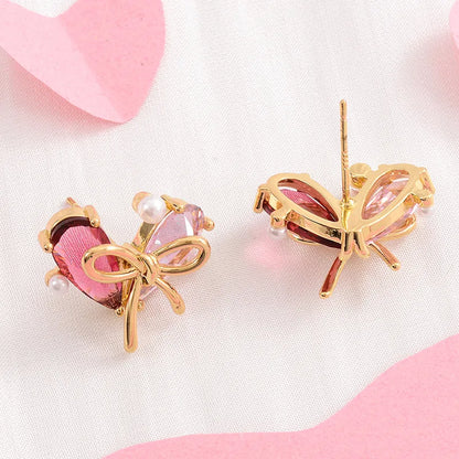 1 Pair Cute Fashion Sweet Heart Shape Bow Knot Plating Inlay Copper Zircon 14k Gold Plated Ear Studs