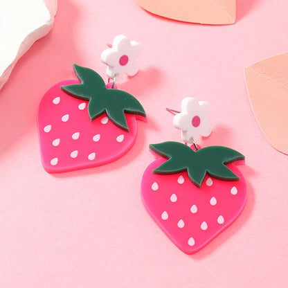 1 Pair Cute Flower Strawberry Painted Arylic Silver Plated Drop Earrings