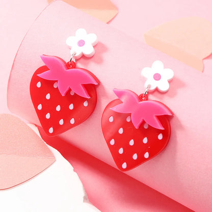 1 Pair Cute Flower Strawberry Painted Arylic Silver Plated Drop Earrings