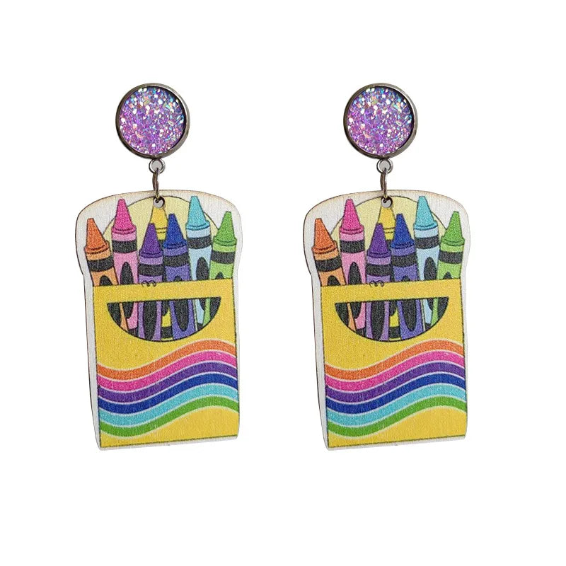 1 Pair Cute Funny Rainbow Star Cat Wood Drop Earrings