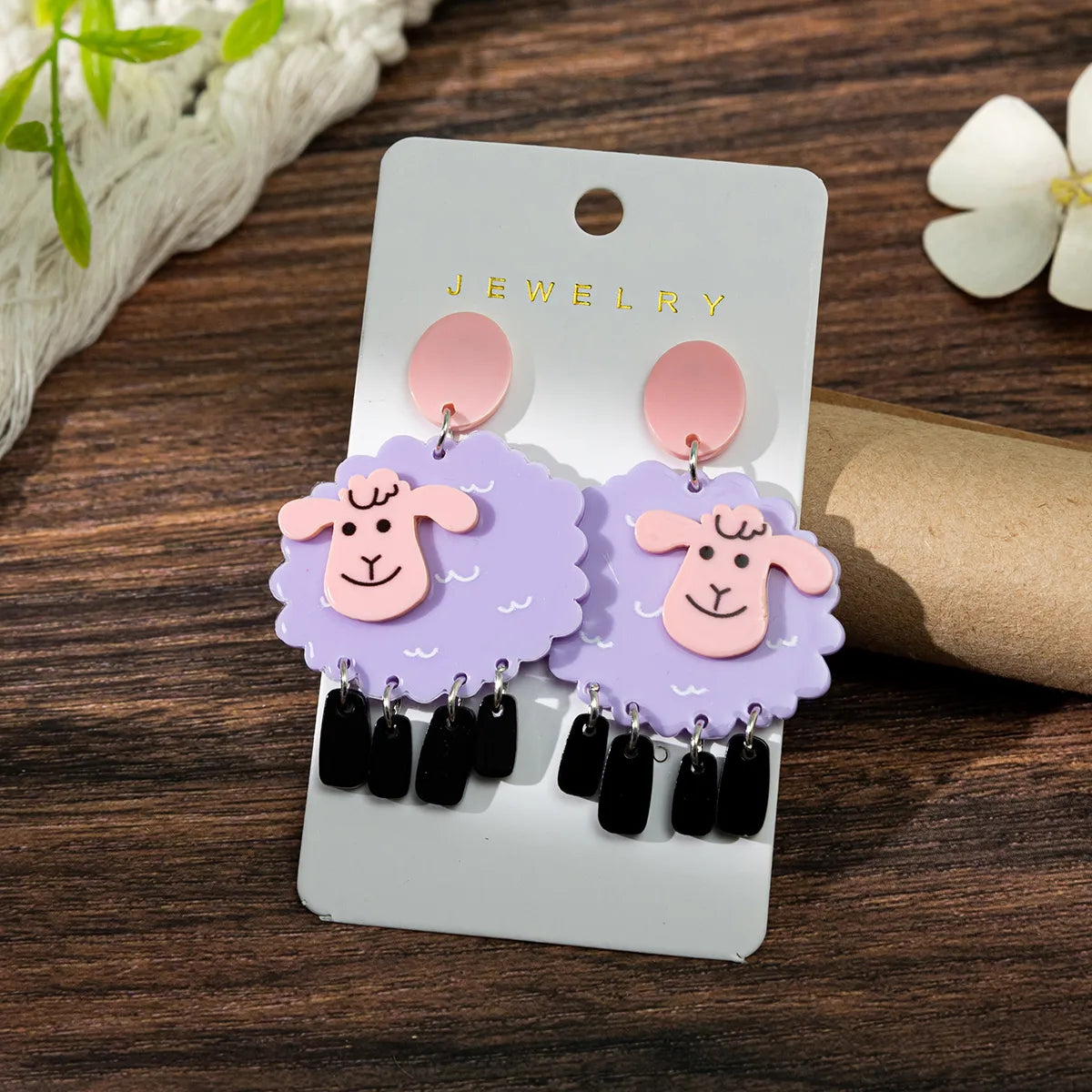 1 Pair Cute Funny Sheep Printing Arylic Drop Earrings