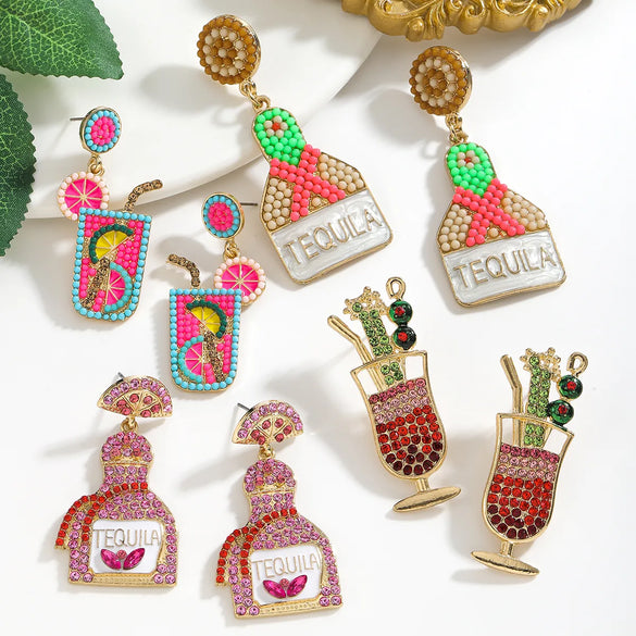 1 Pair Cute Handmade Beach Wine Glass Wine Bottle Inlay Alloy Rhinestones Beads Drop Earrings