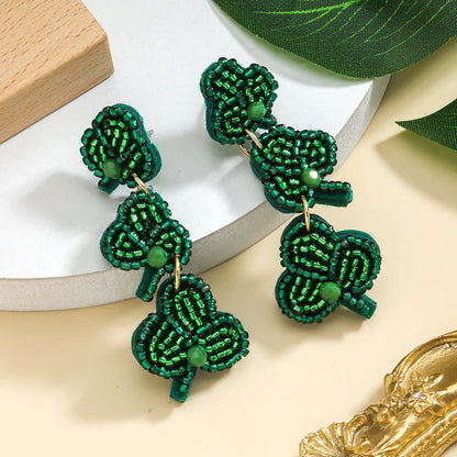 1 Pair Cute Handmade Simple Style Shamrock Letter Beaded Handmade Braid Seed Bead Drop Earrings