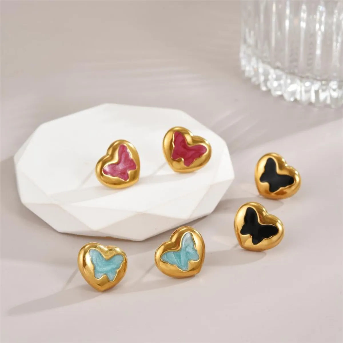 1 Pair Cute Heart Shape Enamel Plating Inlay Stainless Steel Zircon 18k Gold Plated Ear Studs