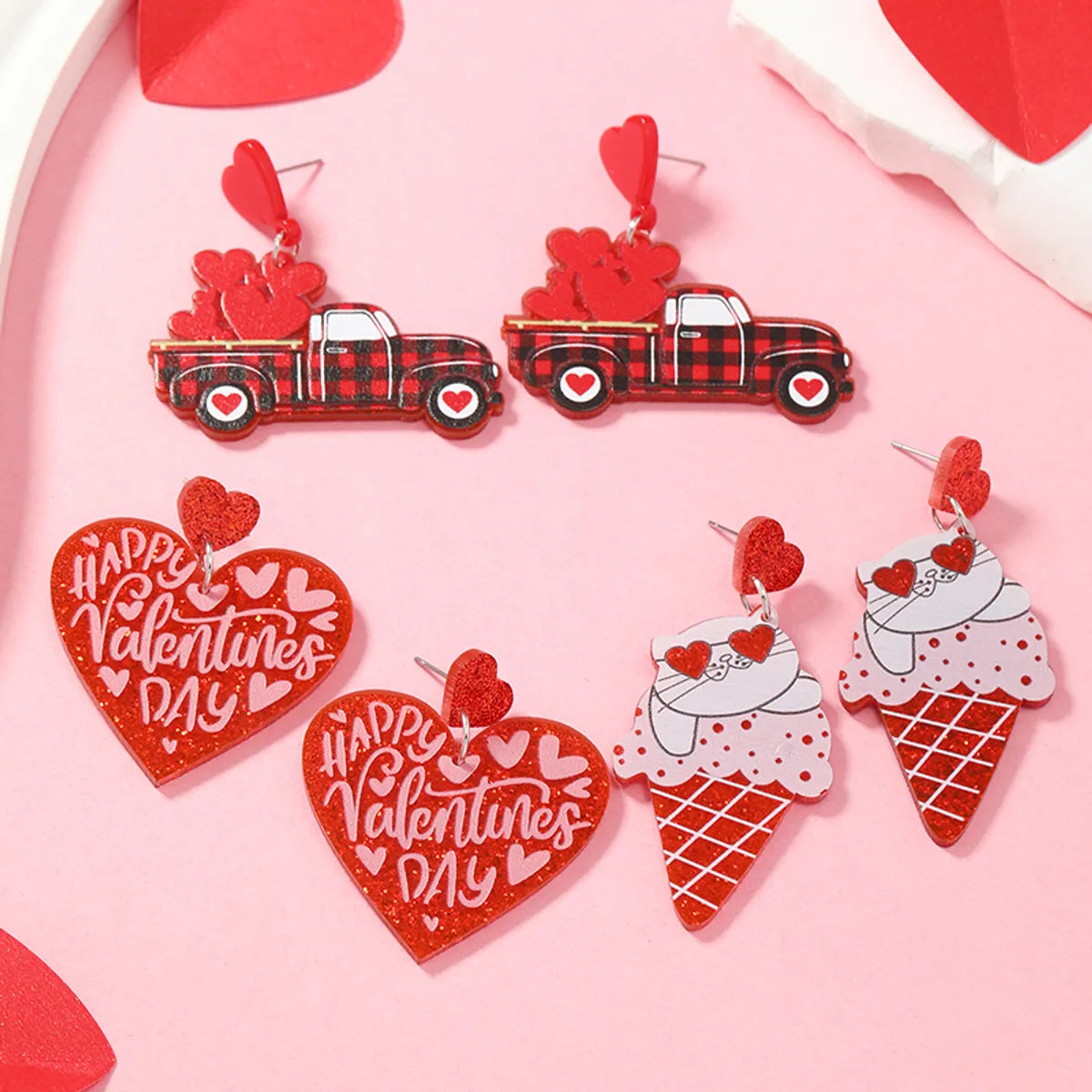 1 Pair Cute Ice Cream Car Heart Shape Painted Arylic Silver Plated Drop Earrings