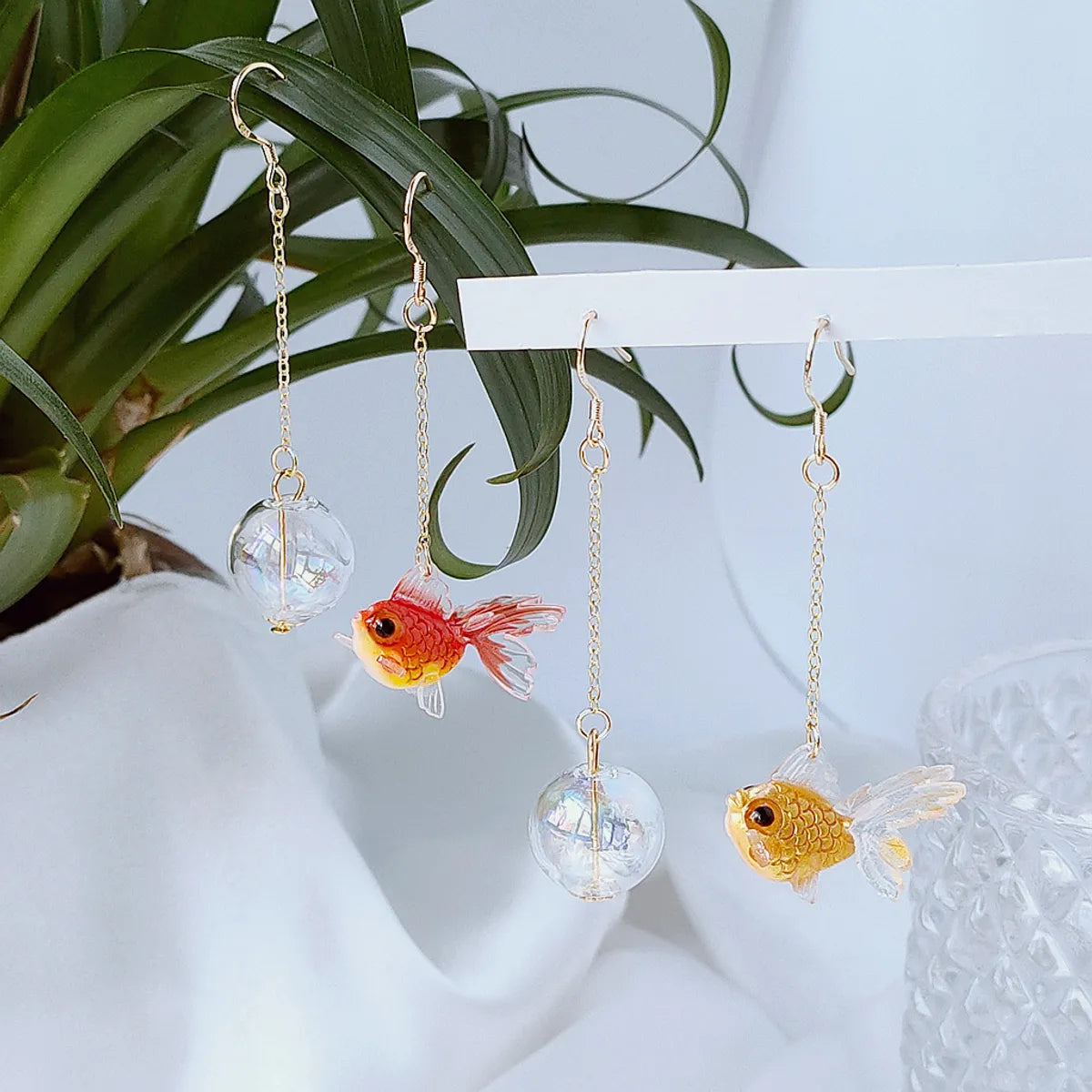 1 Pair Cute Japanese Style Fish Asymmetrical Resin Glass 14K Gold Plated Drop Earrings