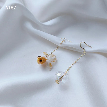 1 Pair Cute Japanese Style Fish Asymmetrical Resin Glass 14K Gold Plated Drop Earrings