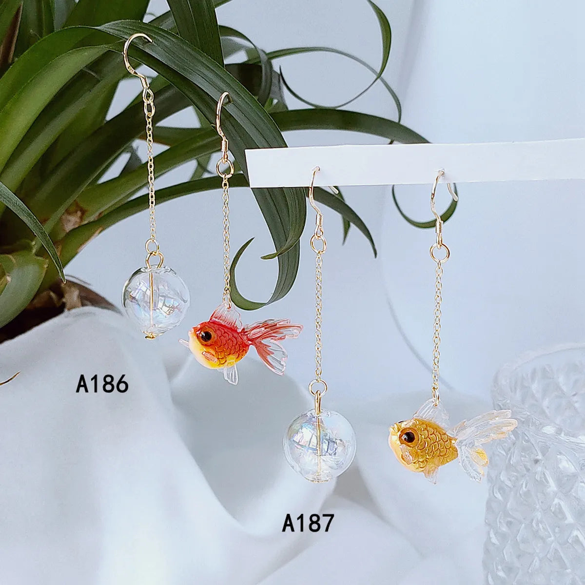 1 Pair Cute Japanese Style Fish Asymmetrical Resin Glass 14K Gold Plated Drop Earrings