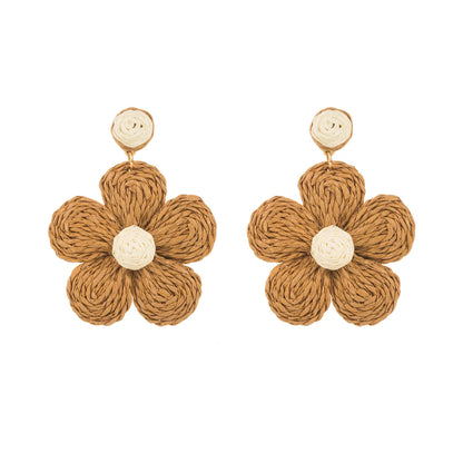 1 Pair Cute Lady Sweet Flower Braid Raffia Drop Earrings