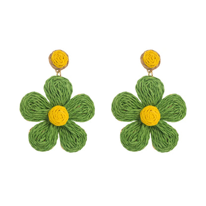 1 Pair Cute Lady Sweet Flower Braid Raffia Drop Earrings