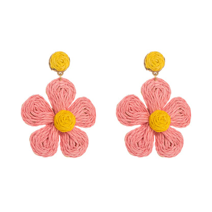 1 Pair Cute Lady Sweet Flower Braid Raffia Drop Earrings