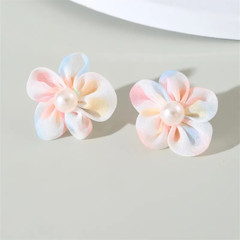 1 Pair Cute Lady Sweet Flower Inlay Cloth Artificial Pearls Ear Studs