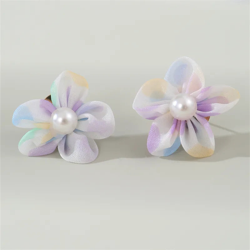 1 Pair Cute Lady Sweet Flower Inlay Cloth Artificial Pearls Ear Studs