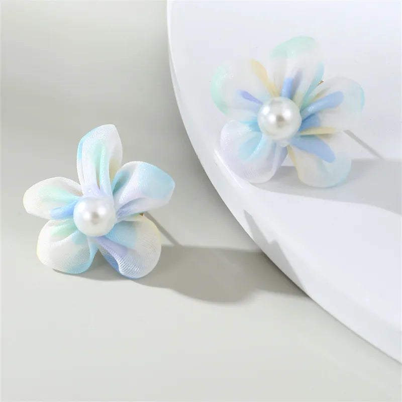 1 Pair Cute Lady Sweet Flower Inlay Cloth Artificial Pearls Ear Studs