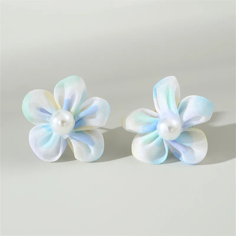 1 Pair Cute Lady Sweet Flower Inlay Cloth Artificial Pearls Ear Studs