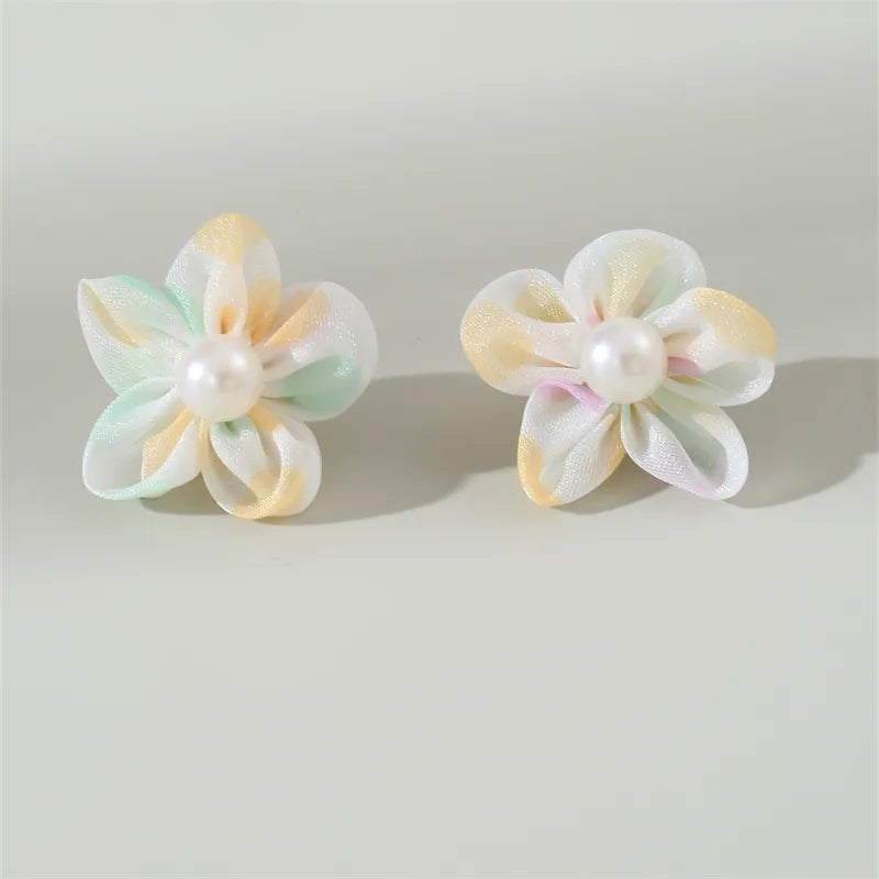 1 Pair Cute Lady Sweet Flower Inlay Cloth Artificial Pearls Ear Studs