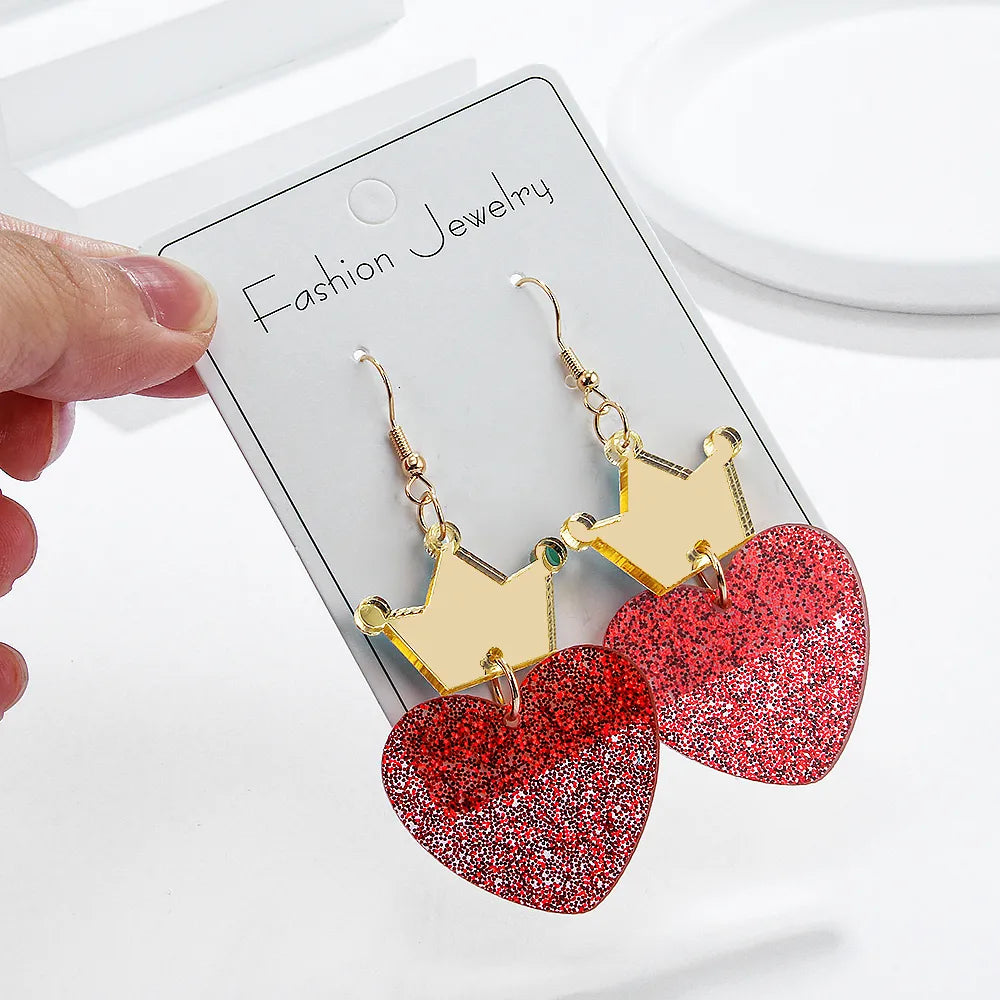 1 Pair Cute Lady Sweet Heart Shape Crown Arylic Drop Earrings