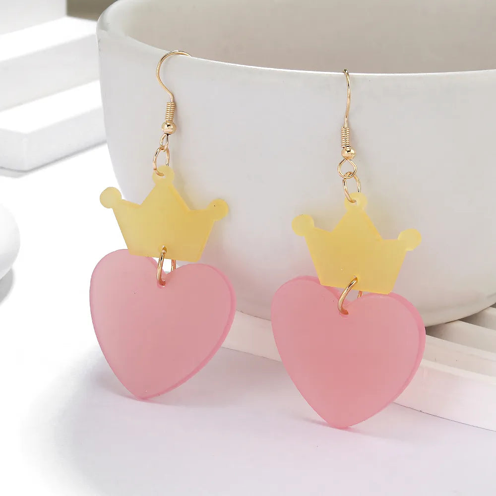 1 Pair Cute Lady Sweet Heart Shape Crown Arylic Drop Earrings