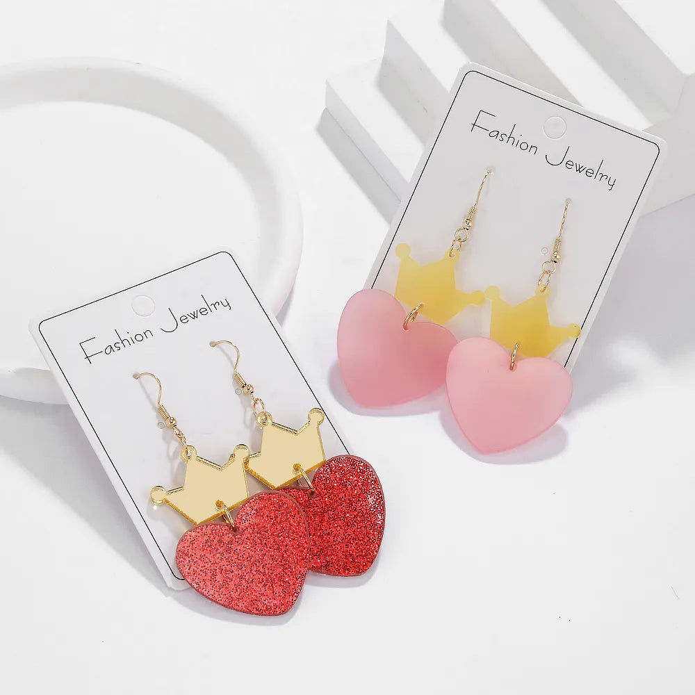 1 Pair Cute Lady Sweet Heart Shape Crown Arylic Drop Earrings