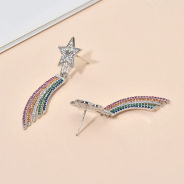 1 Pair Cute Luxurious Shiny Clouds Rainbow Star Asymmetrical Plating Inlay Copper Zircon White Gold Plated Drop Earrings