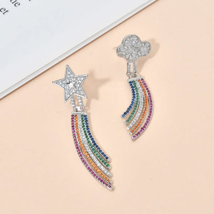 1 Pair Cute Luxurious Shiny Clouds Rainbow Star Asymmetrical Plating Inlay Copper Zircon White Gold Plated Drop Earrings