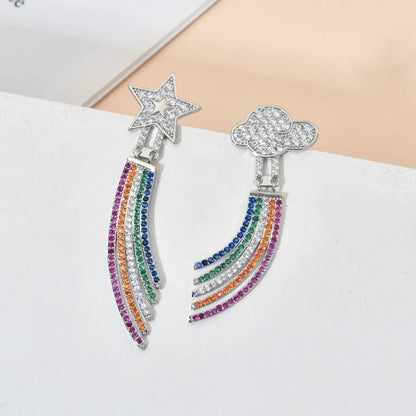 1 Pair Cute Luxurious Shiny Clouds Rainbow Star Asymmetrical Plating Inlay Copper Zircon White Gold Plated Drop Earrings