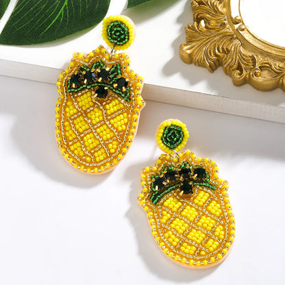 1 Pair Cute Modern Style Sweet Pear Pineapple Inlay Cloth Seed Bead Rhinestones K Gold Plated Drop Earrings