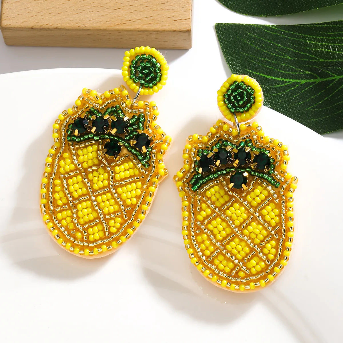 1 Pair Cute Modern Style Sweet Pear Pineapple Inlay Cloth Seed Bead Rhinestones K Gold Plated Drop Earrings