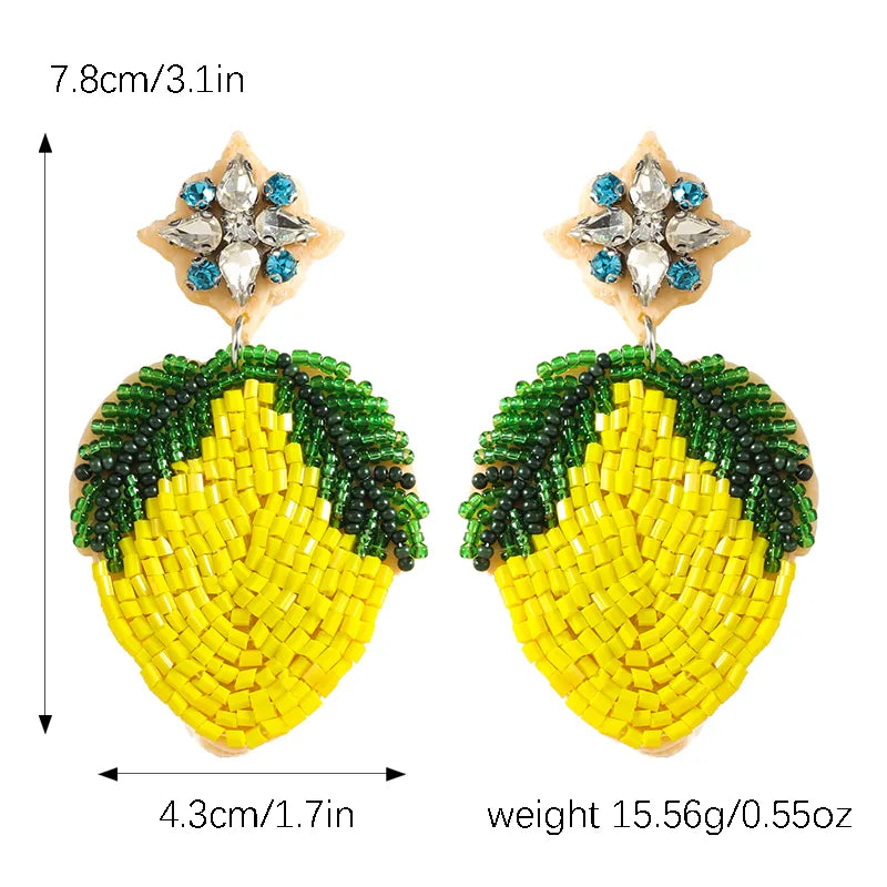 1 Pair Cute Modern Style Sweet Pear Pineapple Inlay Cloth Seed Bead Rhinestones K Gold Plated Drop Earrings