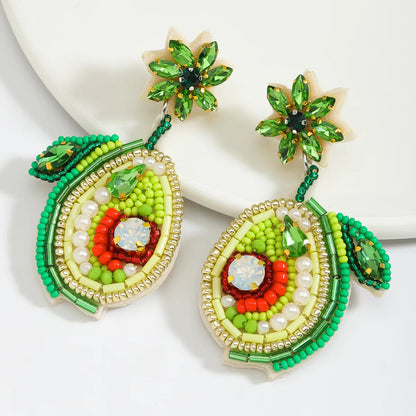 1 Pair Cute Modern Style Sweet Pear Pineapple Inlay Cloth Seed Bead Rhinestones K Gold Plated Drop Earrings