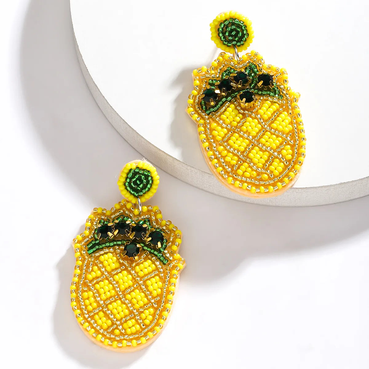 1 Pair Cute Modern Style Sweet Pear Pineapple Inlay Cloth Seed Bead Rhinestones K Gold Plated Drop Earrings