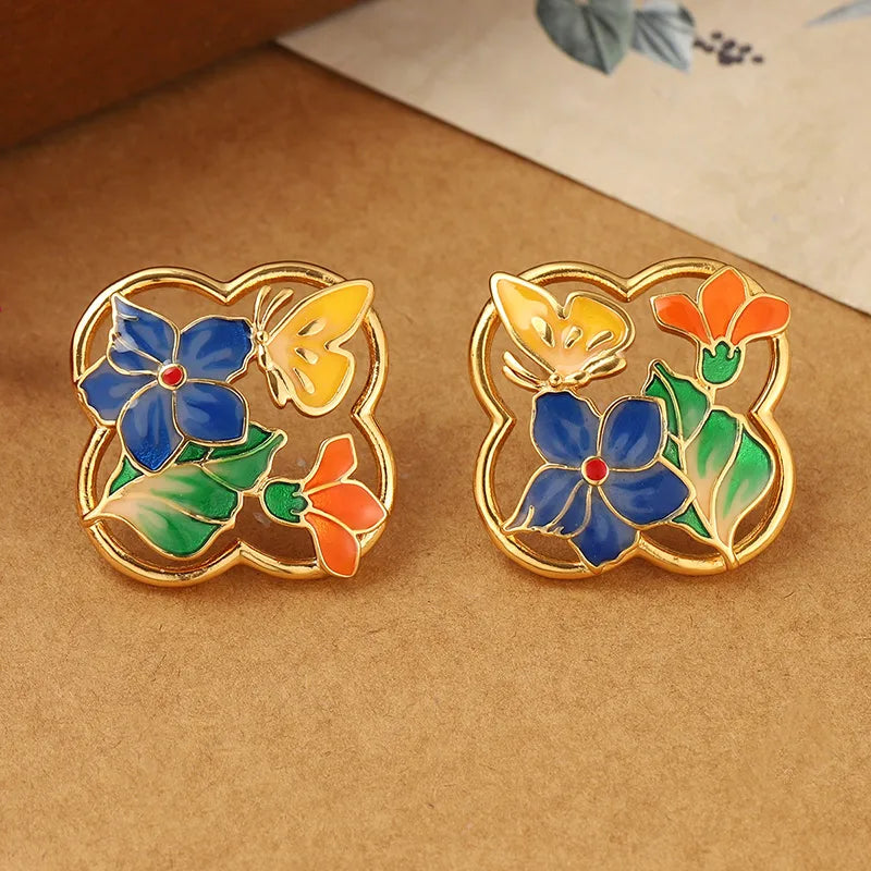 1 Pair Cute Pastoral Flower Butterfly Painted Hollow Out Copper Ear Studs