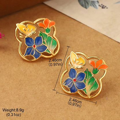 1 Pair Cute Pastoral Flower Butterfly Painted Hollow Out Copper Ear Studs