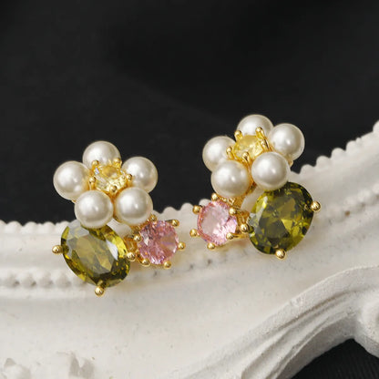 1 Pair Cute Pastoral Flower Plating Inlay Copper Imitation Pearl Rhinestones 18K Gold Plated Ear Studs