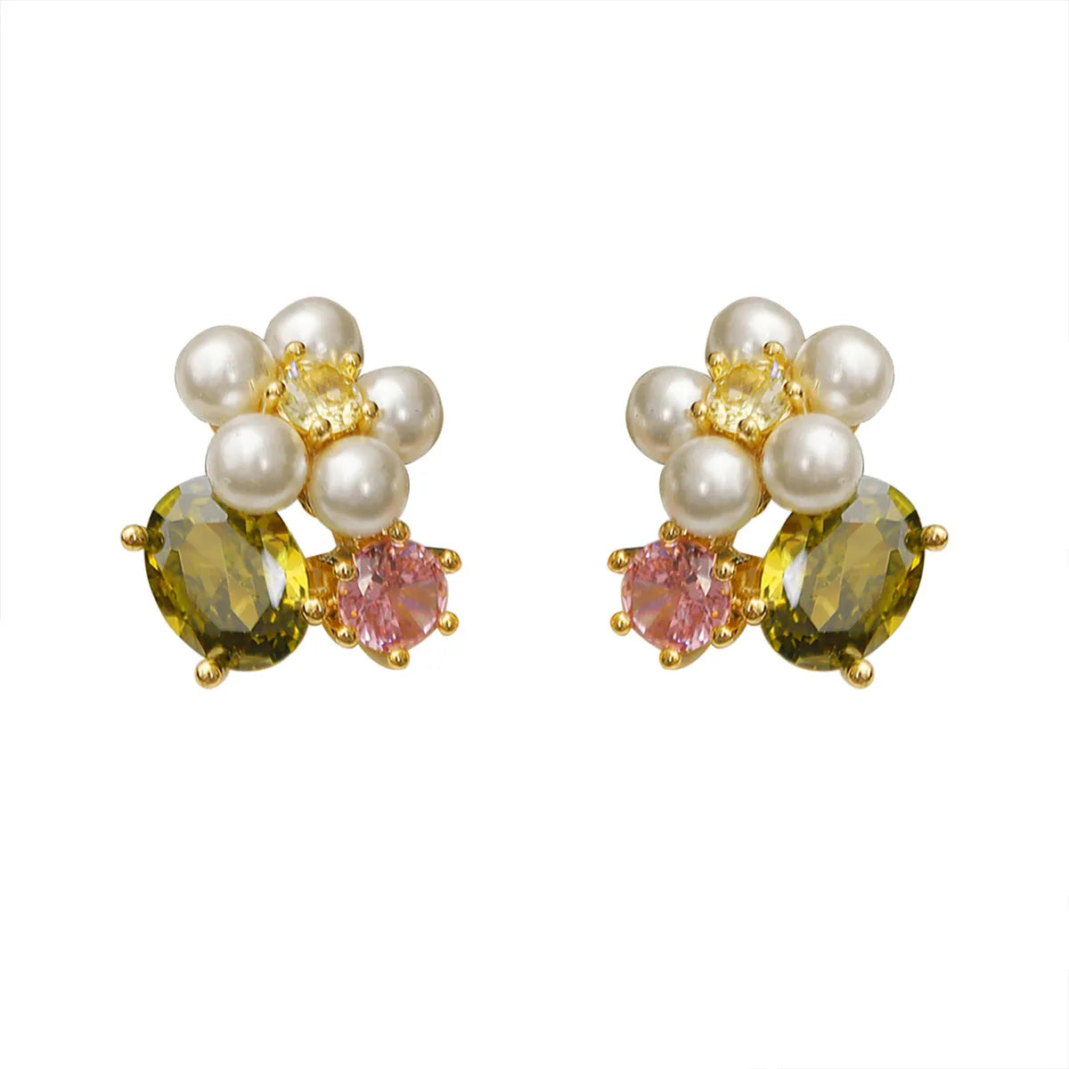 1 Pair Cute Pastoral Flower Plating Inlay Copper Imitation Pearl Rhinestones 18K Gold Plated Ear Studs