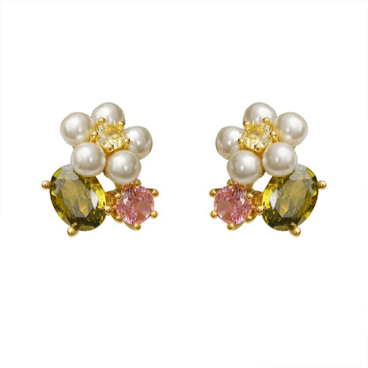 1 Pair Cute Pastoral Flower Plating Inlay Copper Imitation Pearl Rhinestones 18K Gold Plated Ear Studs