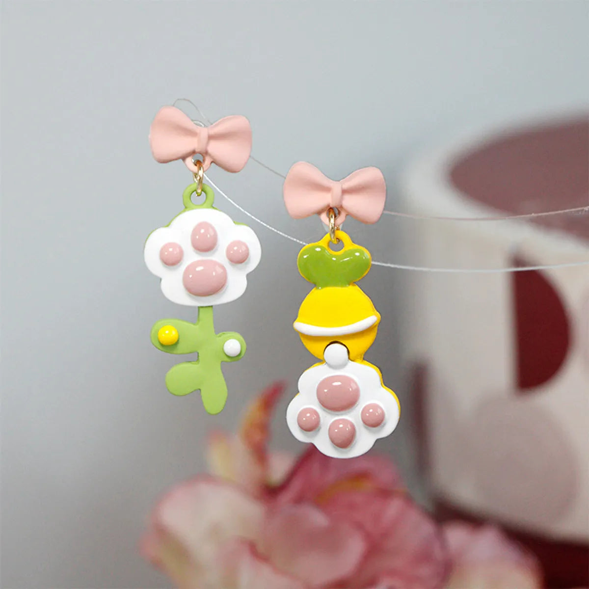 1 Pair Cute Paw Print Flower Alloy Drop Earrings