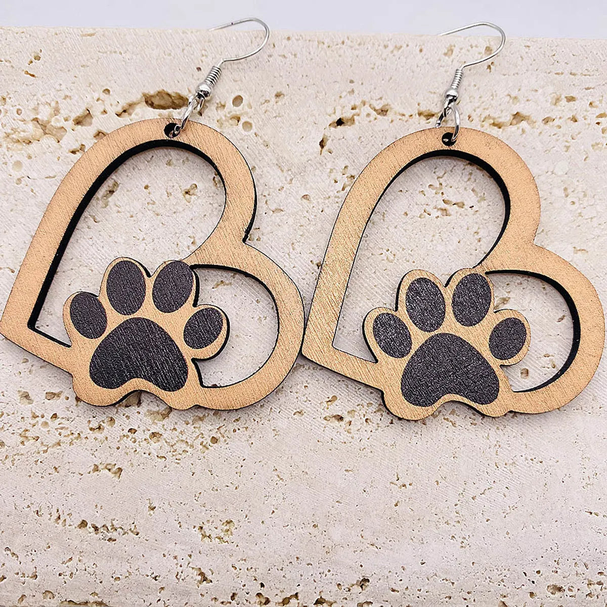 1 Pair Cute Paw Print Heart Shape Wood Mother'S Day Women'S Drop Earrings