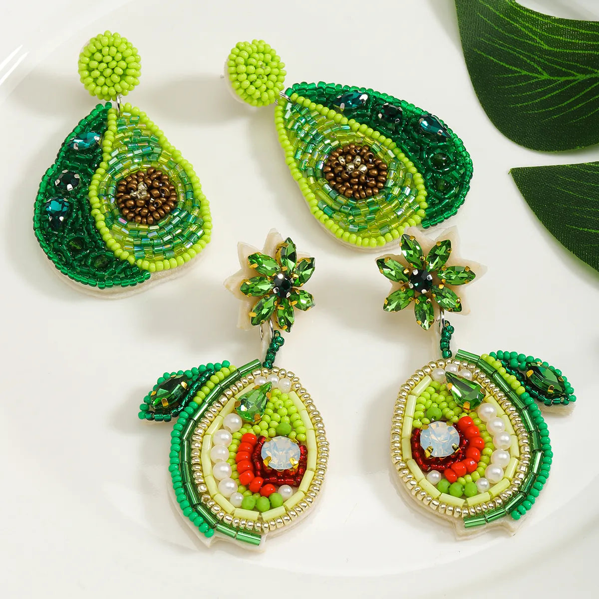 1 Pair Cute Pear Inlay Seed Bead Rhinestones Drop Earrings