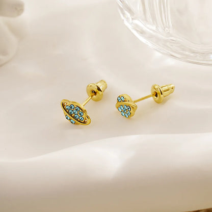 1 Pair Cute Planet Plating Inlay Stainless Steel Titanium Steel Rhinestones Gold Plated Ear Studs