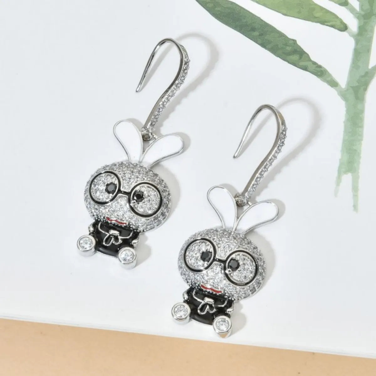 1 Pair Cute Rabbit Enamel Plating Inlay Copper Zircon White Gold Plated Drop Earrings